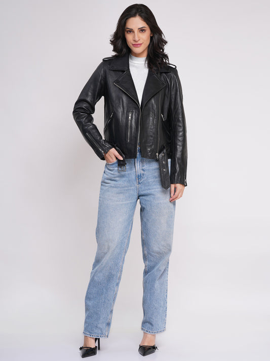 100%  Leather Motorcycle Flap Pocket Jacket - Black | WX114