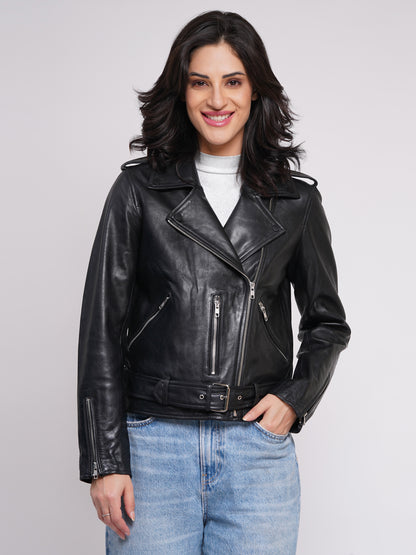 100%  Leather Motorcycle Flap Pocket Jacket - Black | WX114