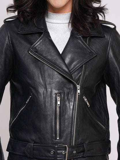 100%  Leather Motorcycle Flap Pocket Jacket - Black | WX114