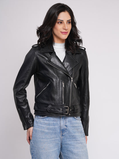 100%  Leather Motorcycle Flap Pocket Jacket - Black | WX114