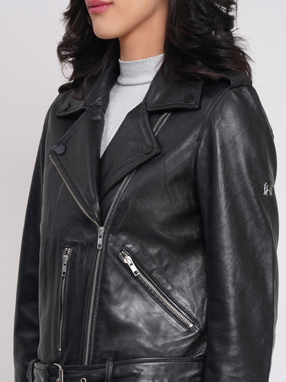 100%  Leather Motorcycle Flap Pocket Jacket - Black | WX114