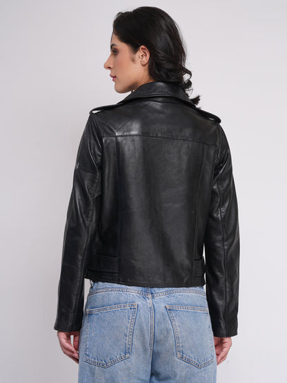 100%  Leather Motorcycle Flap Pocket Jacket - Black | WX114