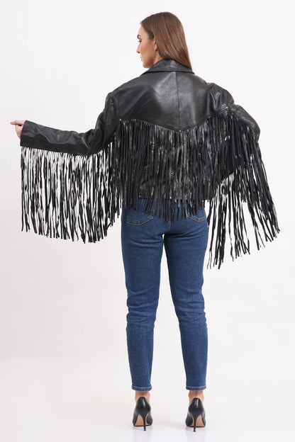100% Leather Oversized Fringes Biker Jacket | WX014