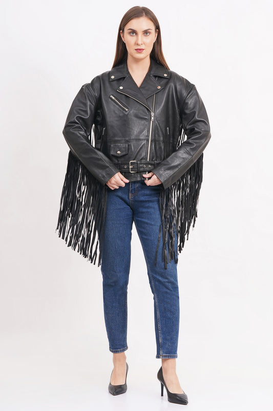 100% Leather Oversized Fringes Biker Jacket | WX014