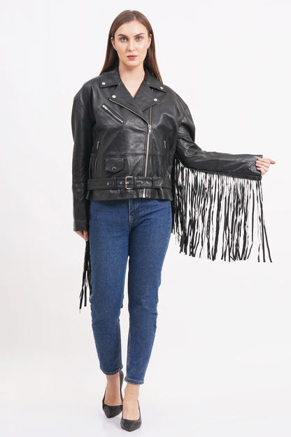 100% Leather Oversized Fringes Biker Jacket | WX014