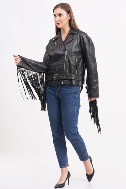 100% Leather Oversized Fringes Biker Jacket | WX014