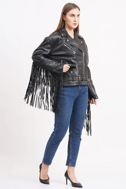 100% Leather Oversized Fringes Biker Jacket | WX014