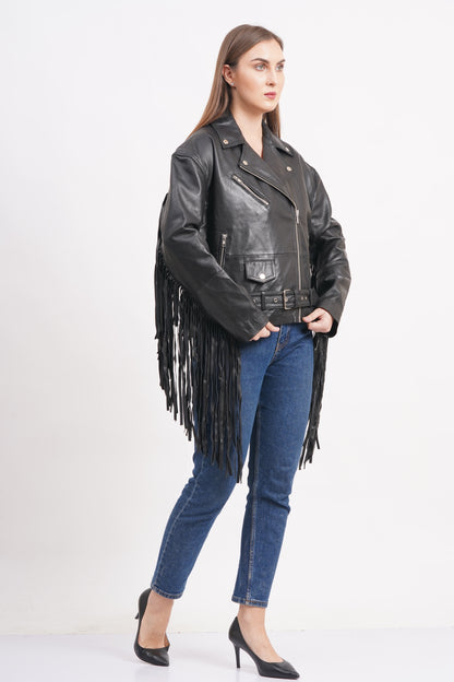 100% Leather Oversized Fringes Biker Jacket | WX014