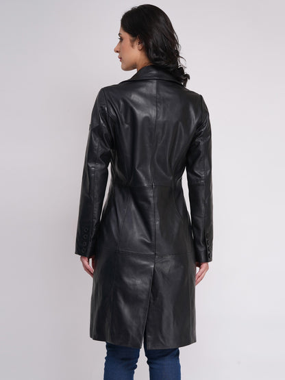 100% LEATHER WOMEN TRENCH LONG COAT - BLACK | WX 130