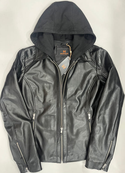 100% Washed Leather Detachable hood Jacket | WX47