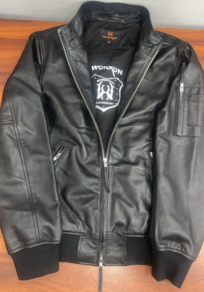 100% Washed Leather Zip Up Bomber Jacket - Black | MX80