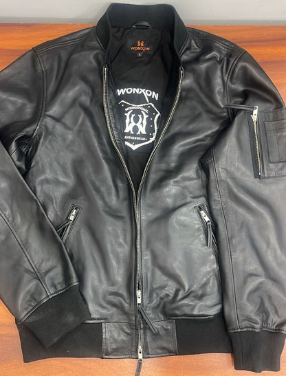 100% Washed Leather Rib Collar Bomber Jacket | MX59