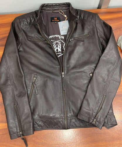 100% Heavy Washed Leather Snap Collar Jacket - Brown | MX19