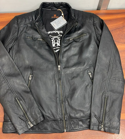 100% Heavy Washed Leather Snap Collar Jacket - Black | MX19