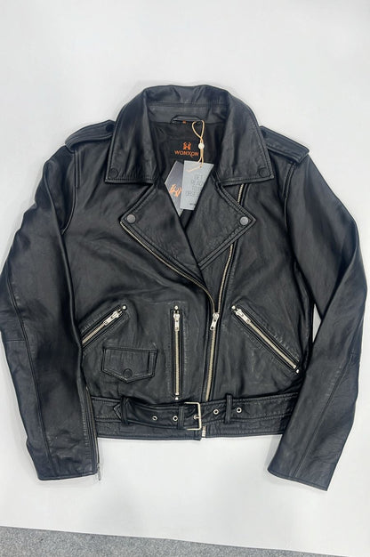 100%  Leather Motorcycle Flap Pocket Jacket - Black | WX88
