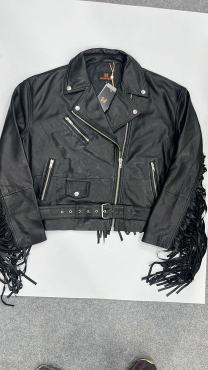 100% Leather Oversized Fringes Biker Jacket | WX014
