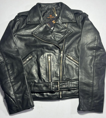 100%  Leather Motorcycle Flap Pocket Jacket - Black | WX114