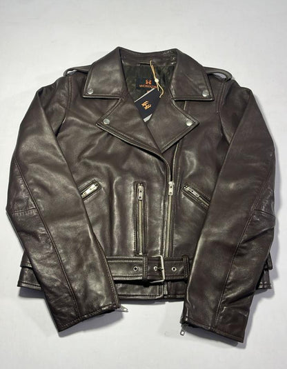 100%  Leather Motorcycle Flap Pocket Jacket - Brown | WX114