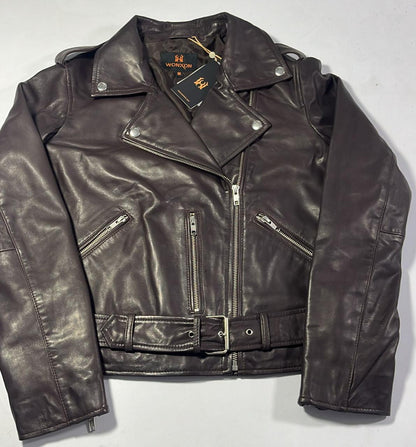 100% Leather Motorcycle Flap Pocket Jacket - Burgundy | WX114