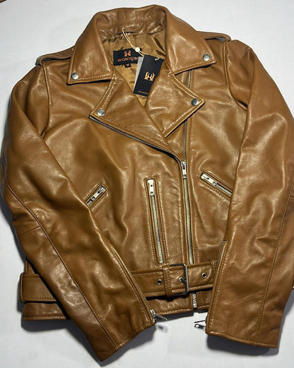 100% Leather Motorcycle Jacket - Cognac | WX114