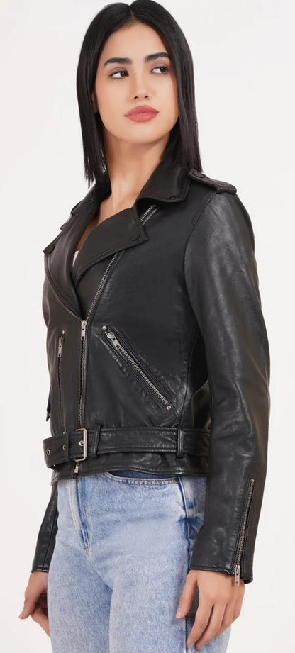100%  Leather Motorcycle Flap Pocket Jacket - Black | WX114