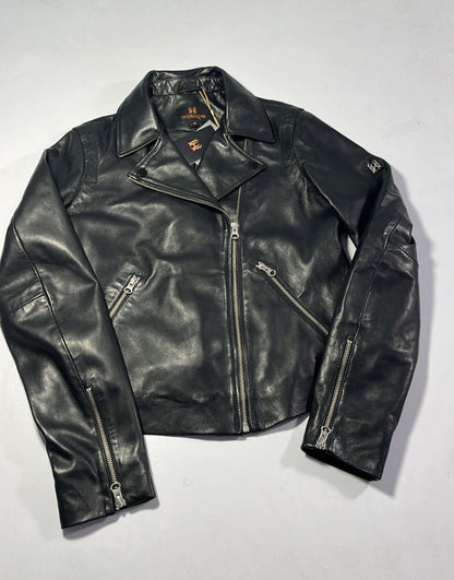100% Washed Leather Biker Jacket: Black | WX71
