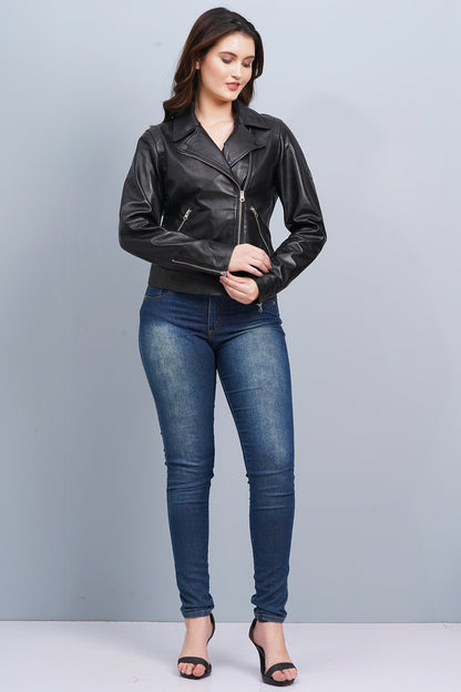 100% Washed Leather Biker Jacket: Black | WX71