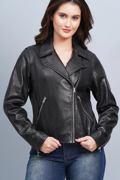 100% Washed Leather Biker Jacket: Black | WX71
