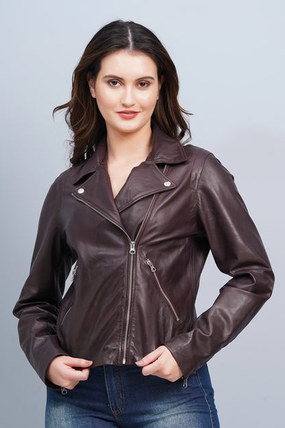 100% Washed Leather Biker Jacket: Burgundy | WX71
