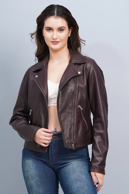 100% Washed Leather Biker Jacket: Burgundy | WX71