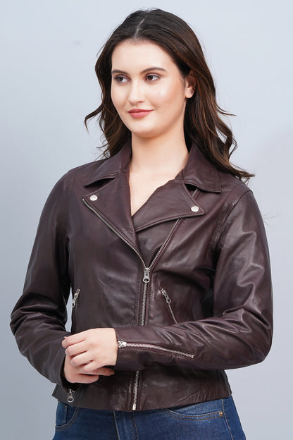 100% Washed Leather Biker Jacket: Burgundy | WX71