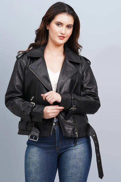 100% Washed Leather Biker Jacket: Black | WX73