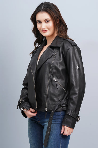 100% Washed Leather Biker Jacket: Black | WX73