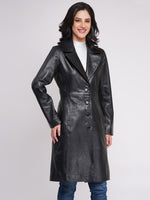 100% LEATHER WOMEN TRENCH LONG COAT - BLACK | WX 130