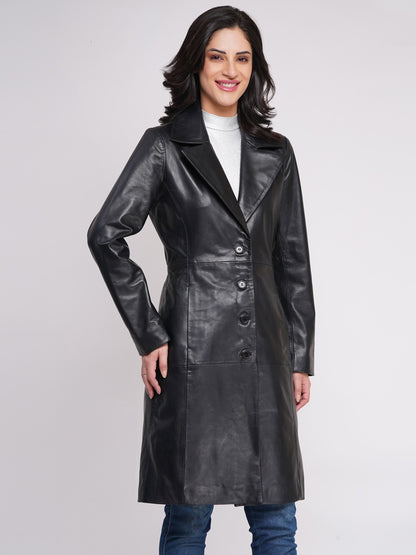 100% LEATHER WOMEN TRENCH LONG COAT - BLACK | WX 130