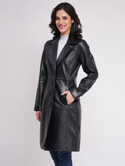100% LEATHER WOMEN TRENCH LONG COAT - BLACK | WX 130