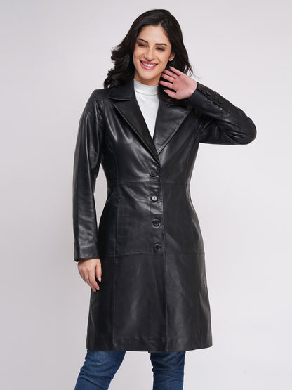 100% LEATHER WOMEN TRENCH LONG COAT - BLACK | WX 130