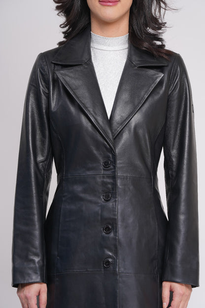 100% LEATHER WOMEN TRENCH LONG COAT - BLACK | WX 130