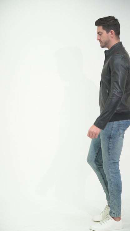100% Leather Stand Bomber Jacket | MX53
