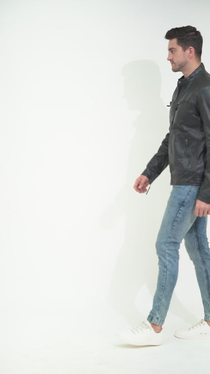 100% Heavy Washed Leather Snap Collar Jacket - Black | MX19