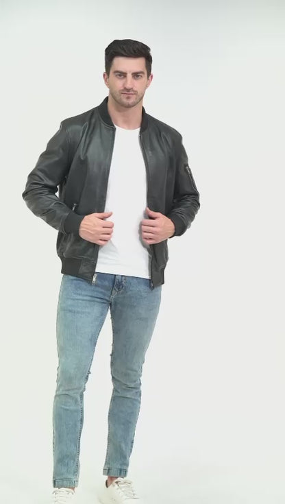 100% Washed Leather Rib Collar Bomber Jacket | MX59