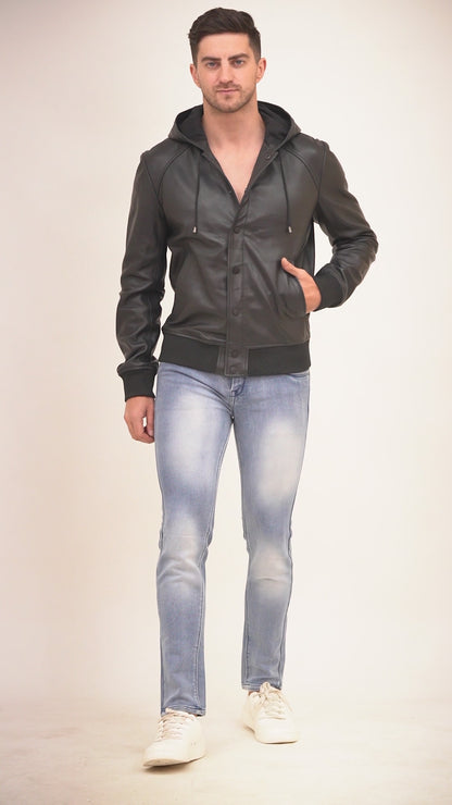 100% Washed Leather Hood Jacket | MX36