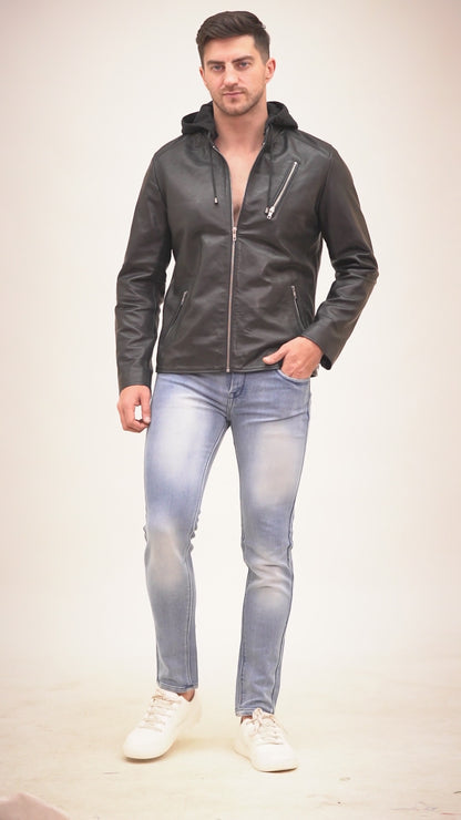 100% Leather Detachable Hood Jacket | MX45