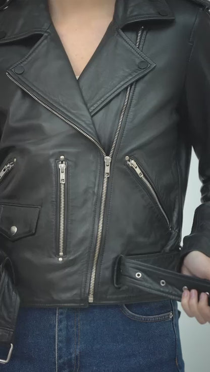 100%  Leather Motorcycle Flap Pocket Jacket - Black | WX88