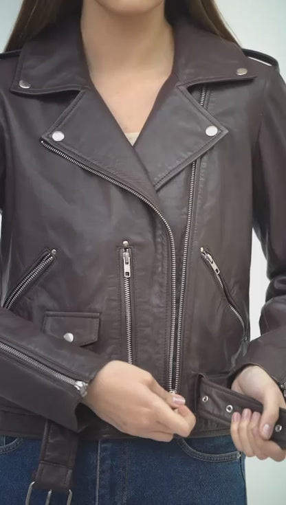 100%  Leather Motorcycle Flap Pocket Jacket - Burgundy | WX88